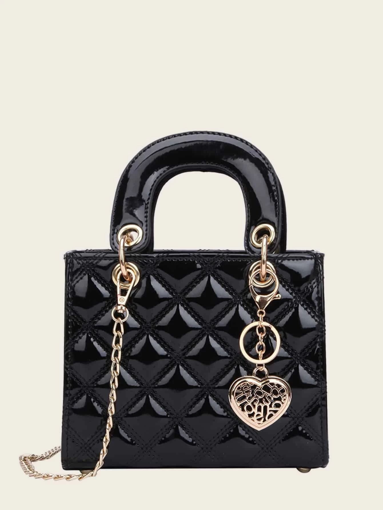 Quilted Detail Heart Charm Satchel Bag | SHEIN