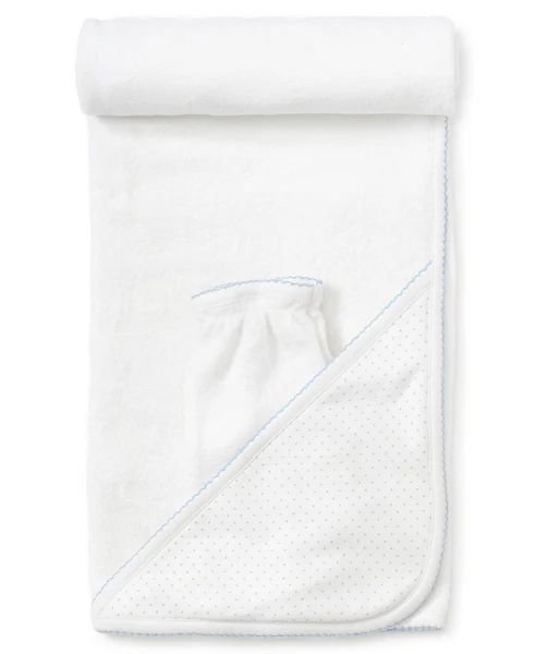 White/Blue New Kissy Dots Hooded Towel & Mitt Set | Kissy Kissy