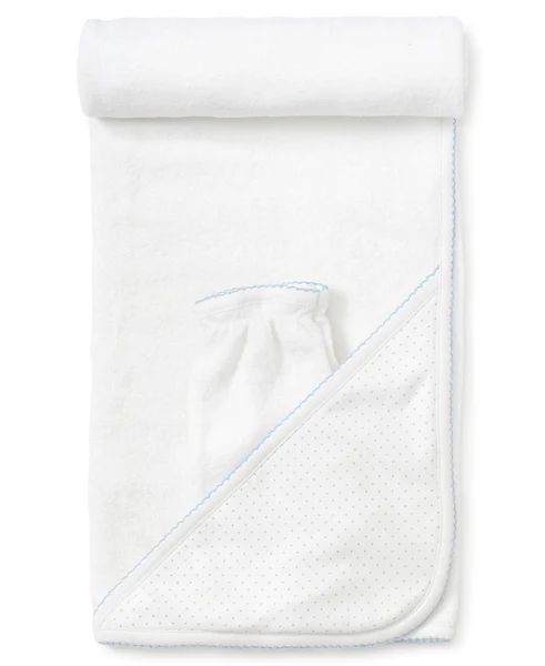 White/Blue New Kissy Dots Hooded Towel & Mitt Set | Kissy Kissy