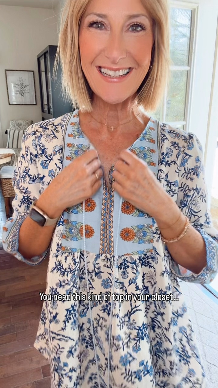 Easy breezy top 🤍 cutest print + so versatile! Wearing with jeans now but will be perfect with denim shorts too.  Wearing a small. Come in other print options.

#LTKootd #LTKOver40 #LTKgrwm