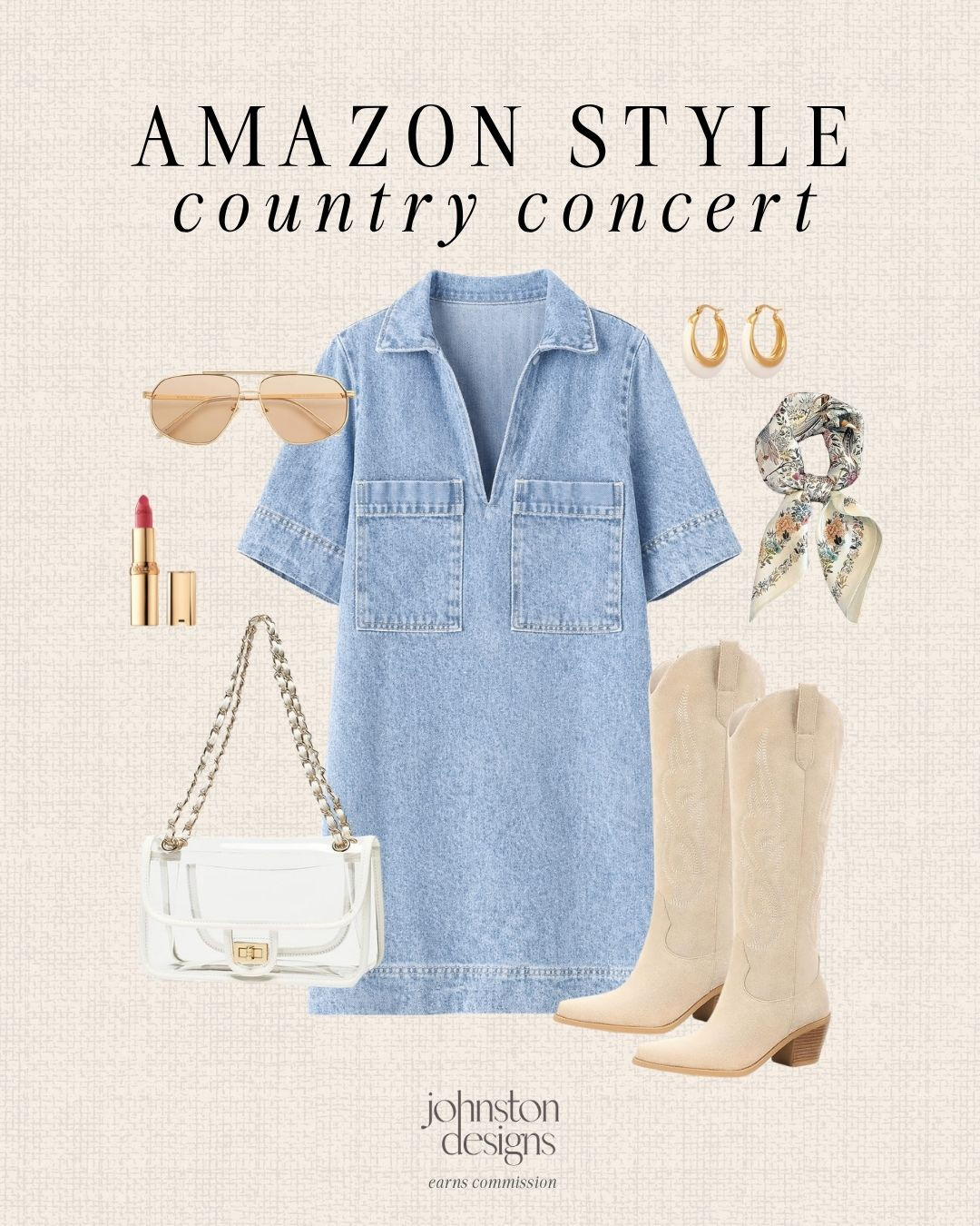 Amazon country concert outfit inspo featuring a light wash denim mini dress. 👢 Styled with neutral cowboy boots, a clear crossbody bag and gold accessories, finished with a silk scarf, aviator sunglasses and a pop of lip color for a soft western inspired look.

#amazonfashion #countryconcertoutfit #westernstyle #denimdress #summeroutfits #concertstyle #cowboyboots #amazonfinds #outfitinspo #ltkstyle #stagecoach 

 #LTKFestival #LTKootd