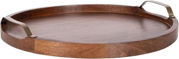 Kate and Laurel Farson Modern Decorative Wood Round Ottoman Tray with Handles, 18 Inch Diameter, Walnut Brown and Antique Brass, Transitional Circle Tray for Entryway Decor or Ottoman Serving Tray | Amazon (US)