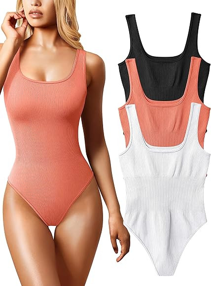 OQQ Women's 3 Piece Bodysuits Sexy Ribbed Sleeveless Square Neck Sleeveless Tank Tops Bodysuits | Amazon (US)