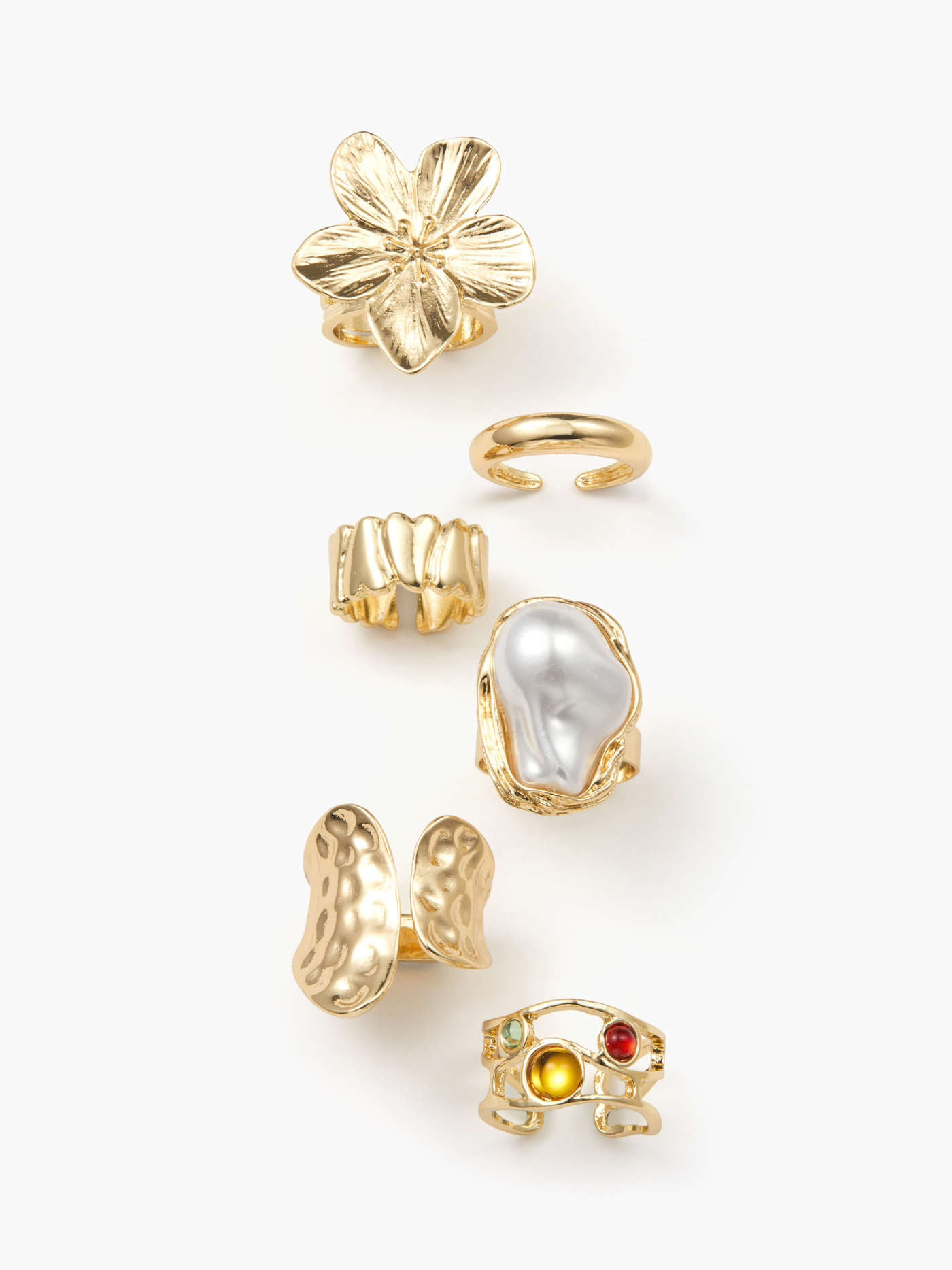6 PCS FLOWER & FAUX PEARL & GEMSTONE RING SET | Cider