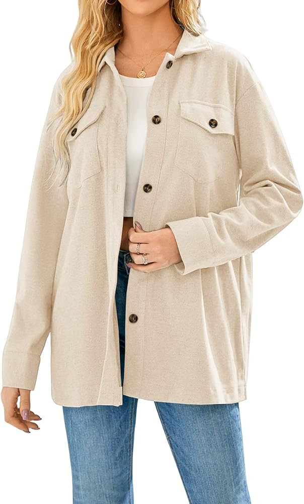 Cnkwei Shacket Jacket Women Button Down Shirt Jacket Casual Long Sleeve Shacket with Pockets | Amazon (US)