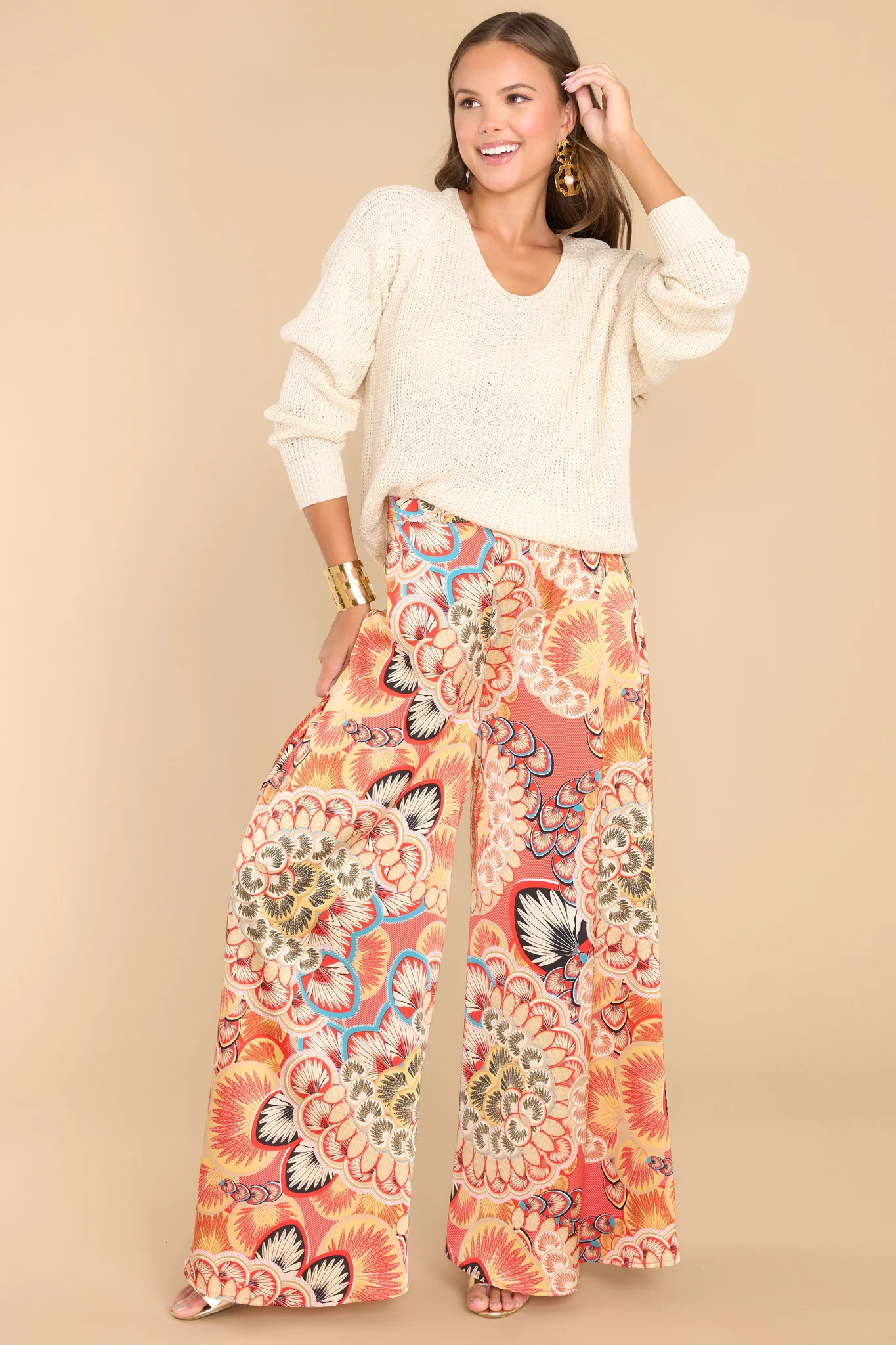 All For Me Spiced Coral Multi Print Pants | Red Dress 