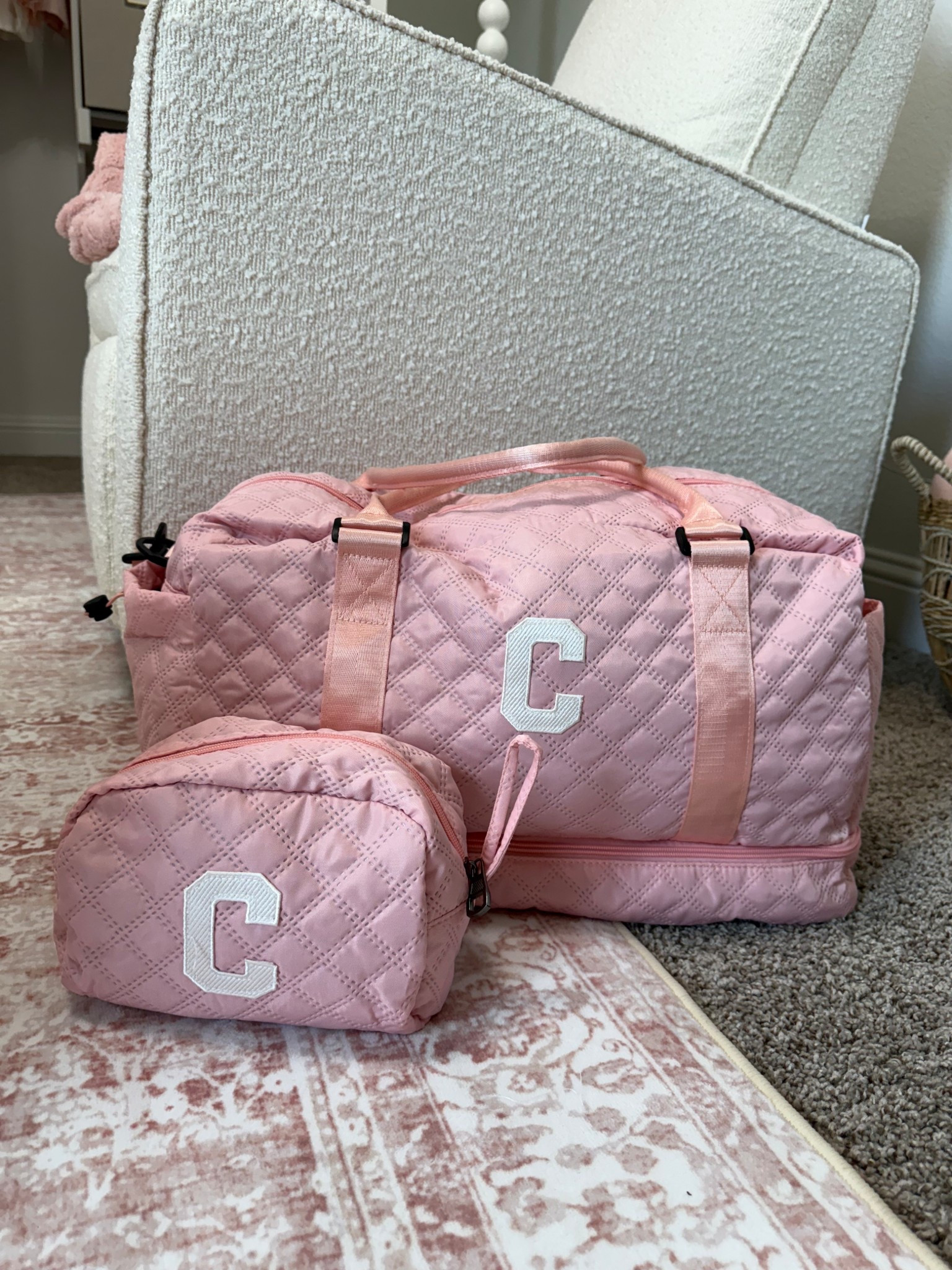 A cute bag set I used as my hospital bags i found on Amazon. These would also make for a great gift because of the personal first letter embroidery. 
 💕🎀
I used these two along with a small rolling suitcase where I packed larger items like my pillow and a few other things. 🤭

#LTKmomlife #LTKBaby #LTKBump