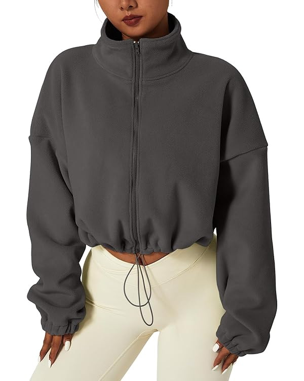 QINSEN Women's Full Zip Fleece Short Jacket Warm Winter Long Sleeve Stand Collar Sherpa Crop Coat | Amazon (US)