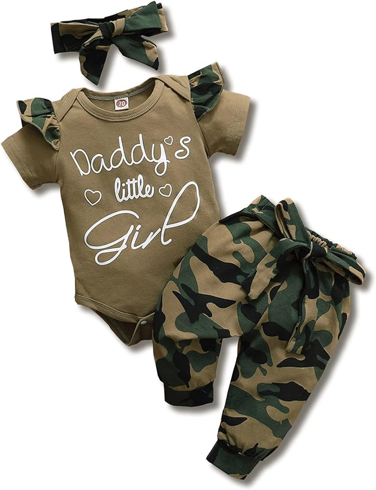 AMAWMW Baby Girl Clothes Set Daddys Little Girl Ruffle Romper Top Camouflage Pants Newborn Infant... | Amazon (US)