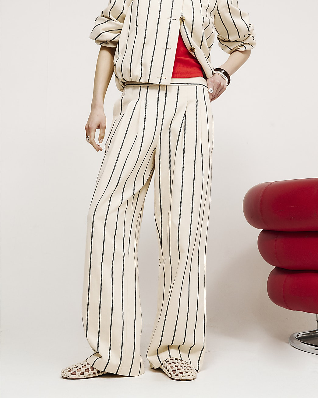Cream Cotton Striped Wide Leg Trousers | River Island UK & IE