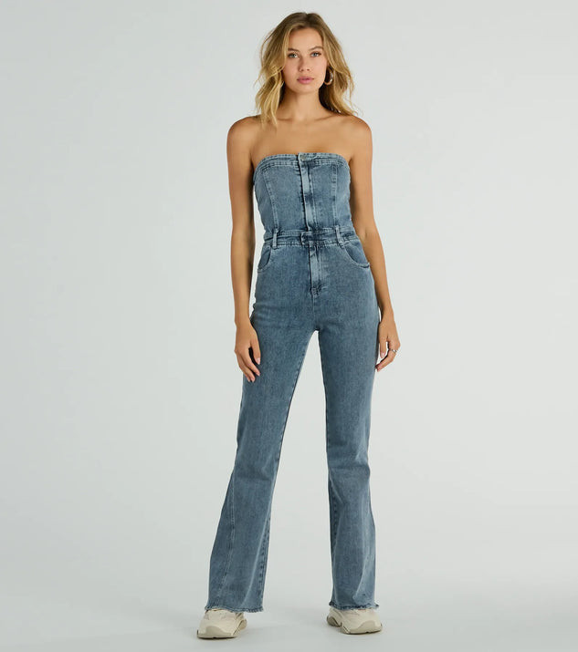 Flirty Retro Strapless Flare Denim Jumpsuit | Windsor Stores