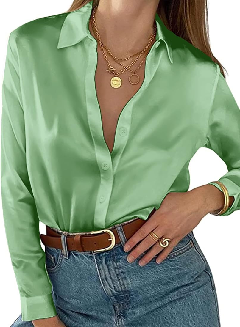 Bloggerlove Women Satin Shirts Button Down Blouse Casual Long Sleeve Silk Blouse Office Work Top | Amazon (US)
