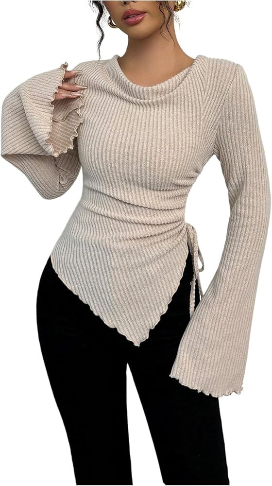 OYOANGLE Women's Ribbed Knit Going Out Y2K T Shirts Bell Sleeve Cowl Neck Fitted Tee Elegant Tren... | Amazon (US)
