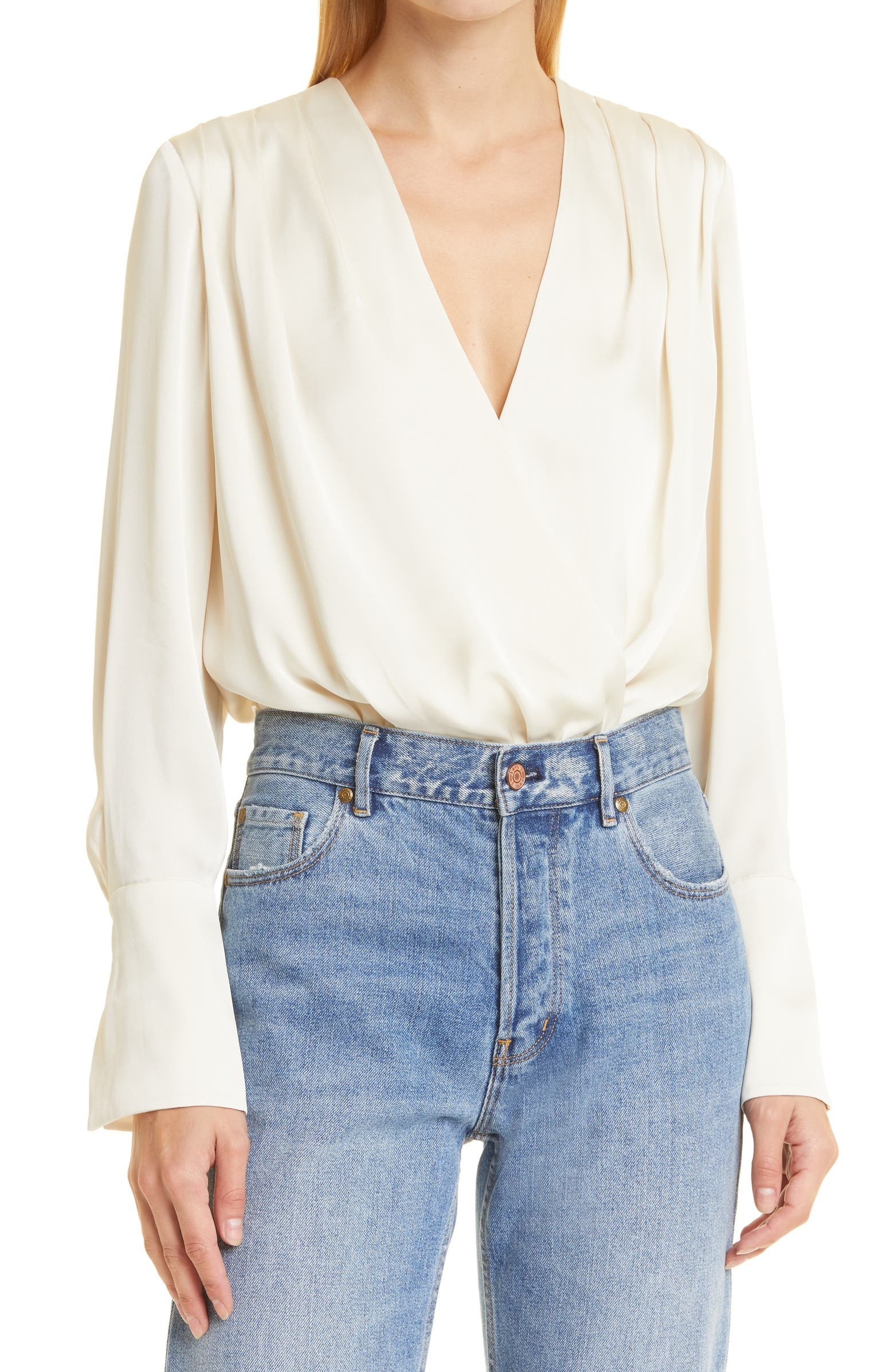 Surplice Long Sleeve Satin Bodysuit | Nordstrom