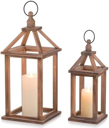 Romadedi Farmhouse Wood Candle Lantern - 12" / 16" Set of 2 Rustic Wooden Lanterns Decorative Can... | Amazon (US)