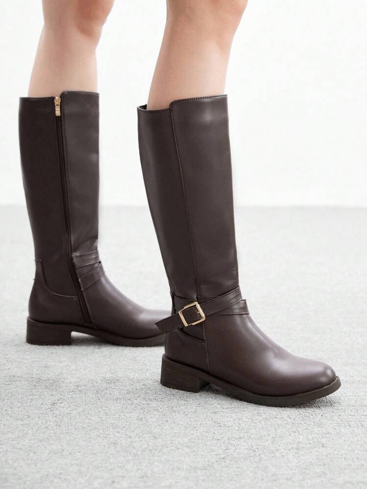 CUCCOO BIZCHIC Women's Round Toe Thick Sole Coffee Color Side Zipper Knee-High Boots, Casual Commute Versatile Flat Tall Boots For Christmas Spring Shoes | SHEIN