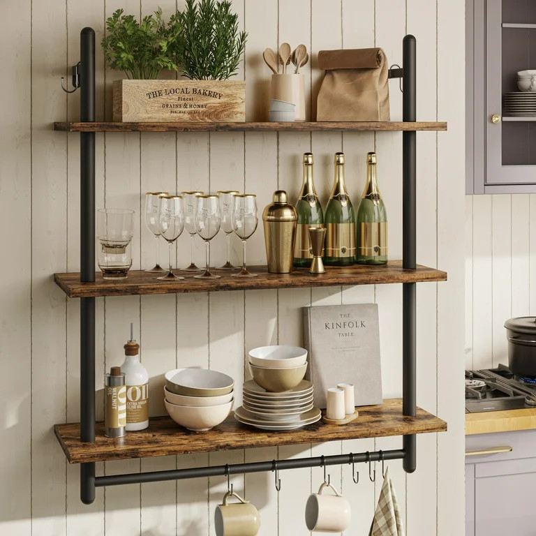 Bestier 31" Kitchen Wall Shelves 3-Tier Floating Shelves for Bathroom, Bedroom, Rustic Brown | Walmart (US)