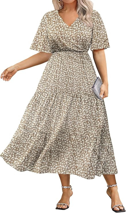 IN'VOLAND Plus Size Short Sleeve Dress for Women Summer Casual V Neck Floral Maxi Dresses with Po... | Amazon (US)