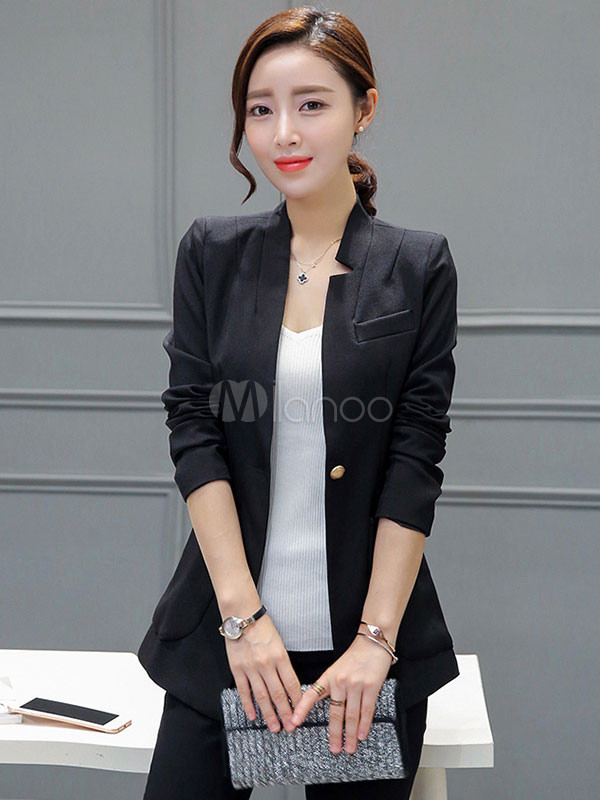 Black Blazer Jacket Women's Long Sleeve 1-button Coat With Pockets | Milanoo