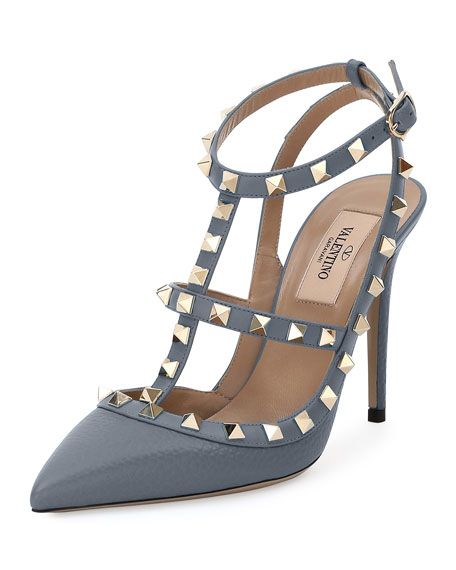Rockstud 100mm Strappy Pebbled Leather Pump, Light Stone | Neiman Marcus