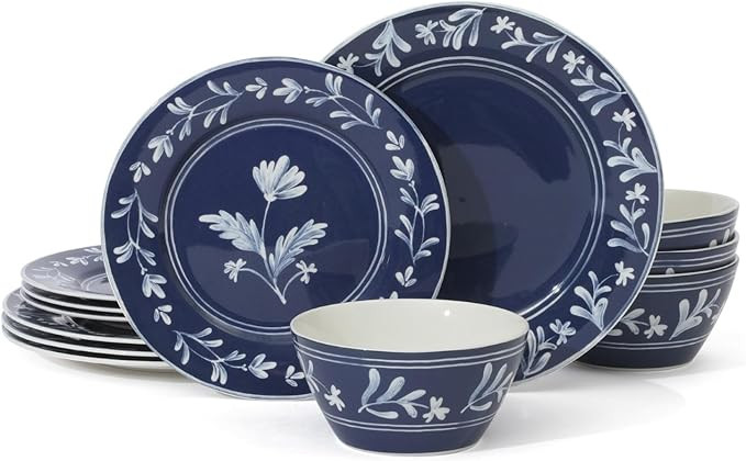 Martha Stewart Maiden Crown 12-Piece Sky Blue Dinnerware Set – Vegan Bone China Ceramic Plates ... | Amazon (US)
