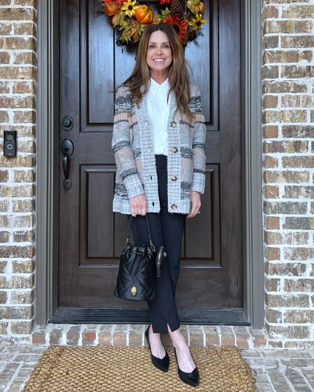 Cabi Fall and winter style at its finest. I layered a white sleeveless tank with the fun boyfriend style striped cardigan. (both size small) This black quilted bag is one of my current favorites. It also has a crossbody strap for hands free moments.
#midlifestyle #fallfashion #petitestyle #fashionaccessories

#LTKSeasonal #LTKshoecrush #LTKstyletip