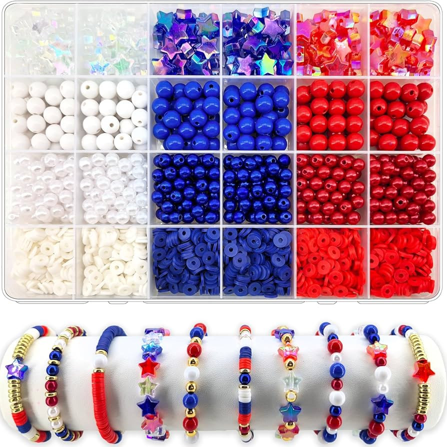 1938Pcs Red White Blue Beads Kit, 4th of July Patriotic Clay Beads Star Beads Round 6mm Pearl Bea... | Amazon (US)