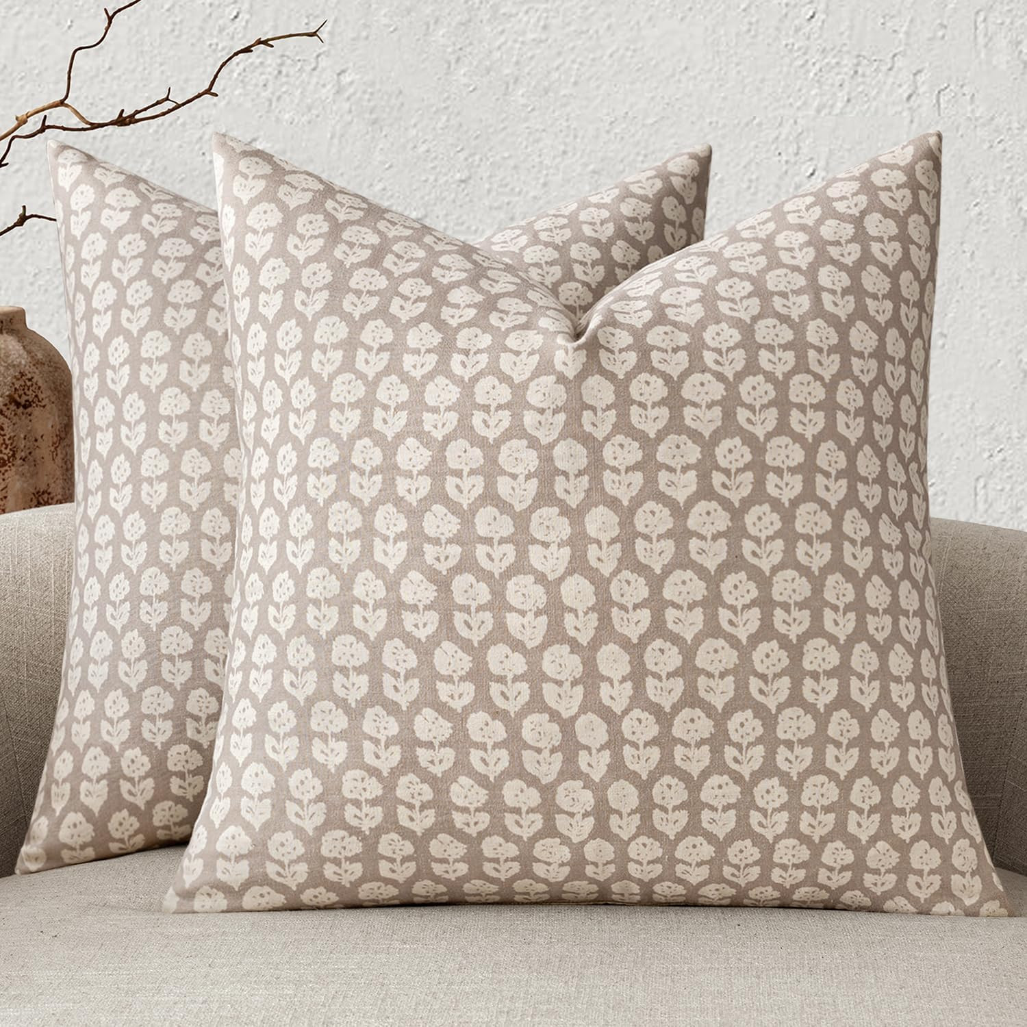 MIULEE Block Print Pillow Covers 18x18 Inch Set of 2, Vintage Floral Throw Pillow Cases Neutral L... | Amazon (US)