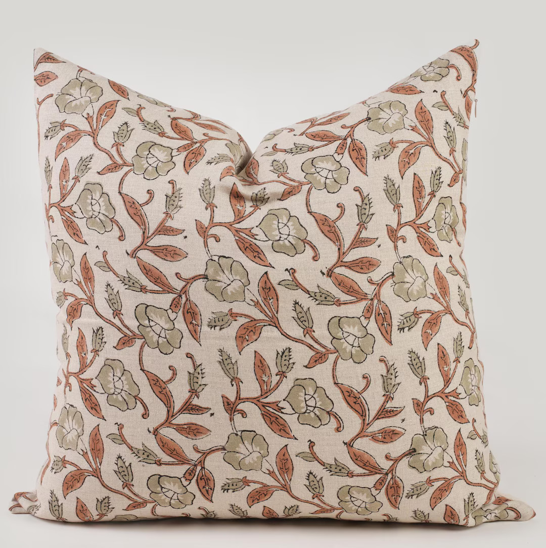 Floral Pillow Cover Spring Pillow Sage Green Throw Pillow Block Print Pillow Farmhouse Style Brow... | Etsy (US)