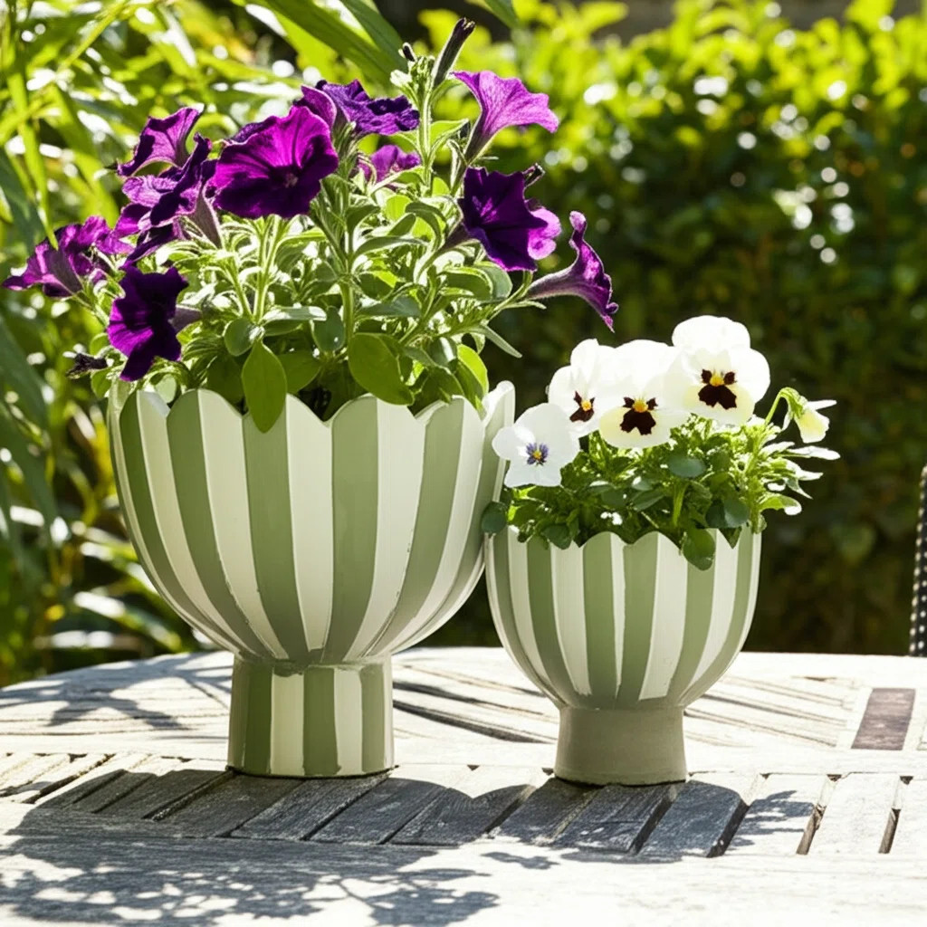 Planters Pottery And Cement Scalloped Rim Striped Design Indoor Outdoor Garden Use Set Of 2 - 8",... | Wayfair North America