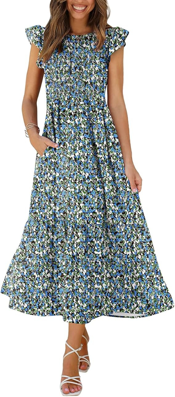 OFEEFAN Women's Casual Maxi Dresses with Pockets Ruffle Sleeve Smocked Dress XS-2XL | Amazon (US)