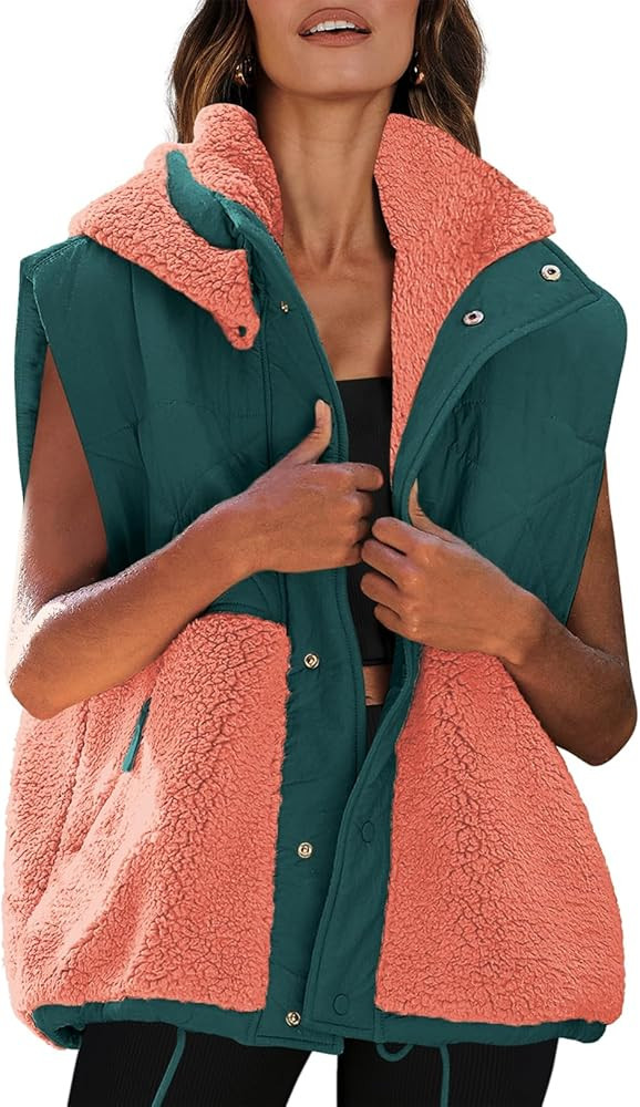 Nirovien Womens Oversized Quilted Vest Color Block Fleece Vest Button Down Padded Outwear Removea... | Amazon (US)
