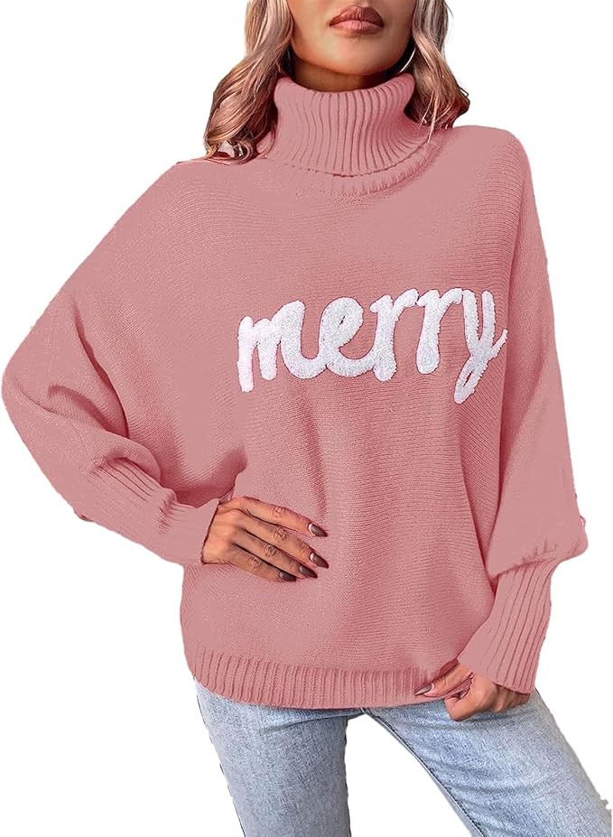 Muineobuka Women Merry Sweaters Turtleneck Long Sleeve Letter Print Loose Knitted Pullover Merry ... | Amazon (US)