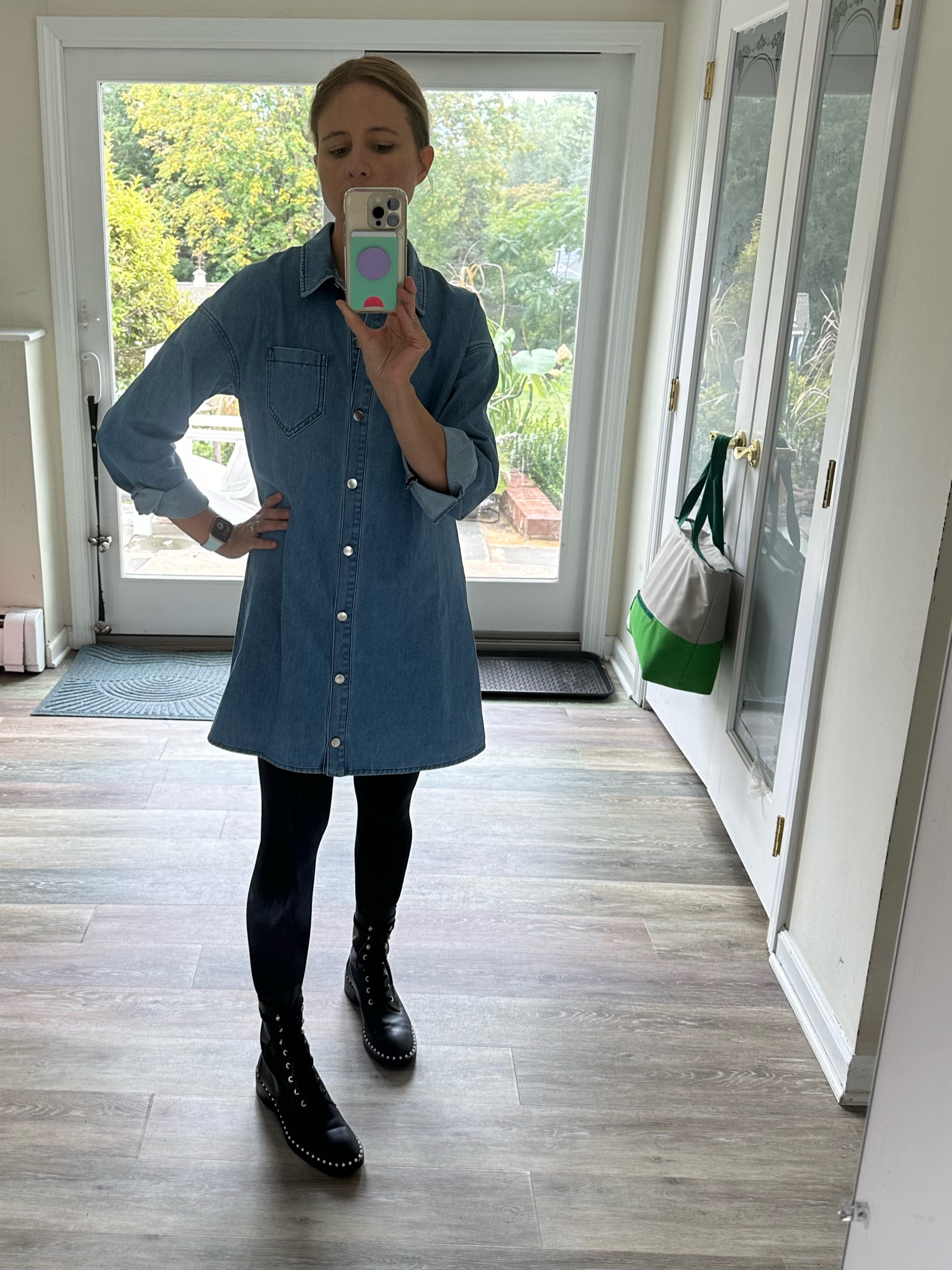 Denim dress with boots and tights 🍂

#LTKstyletip #LTKshoecrush #LTKSeasonal