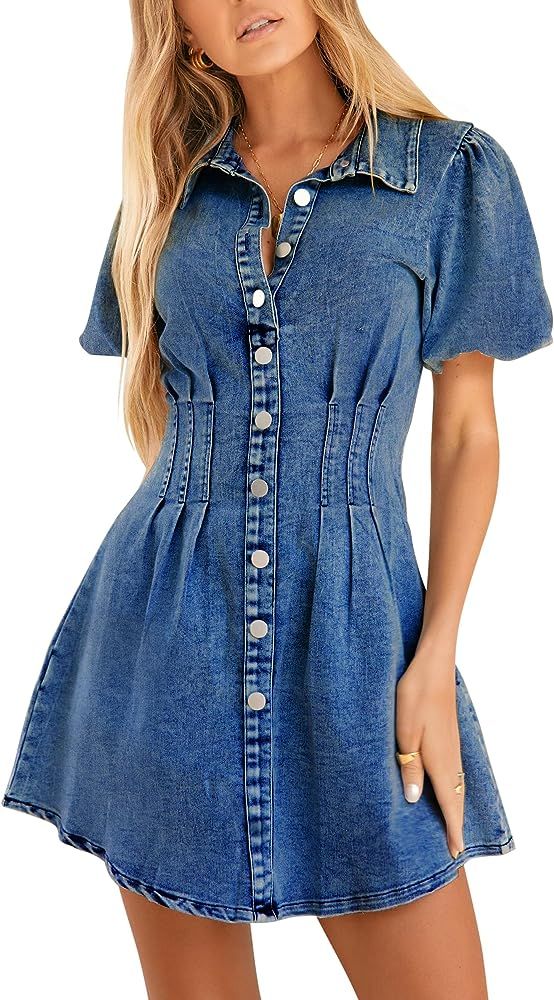 KDF Summer Denim Dress for Women Puff Sleeve Slim Fit Jean Dresses for Women 2024 Casual | Amazon (US)