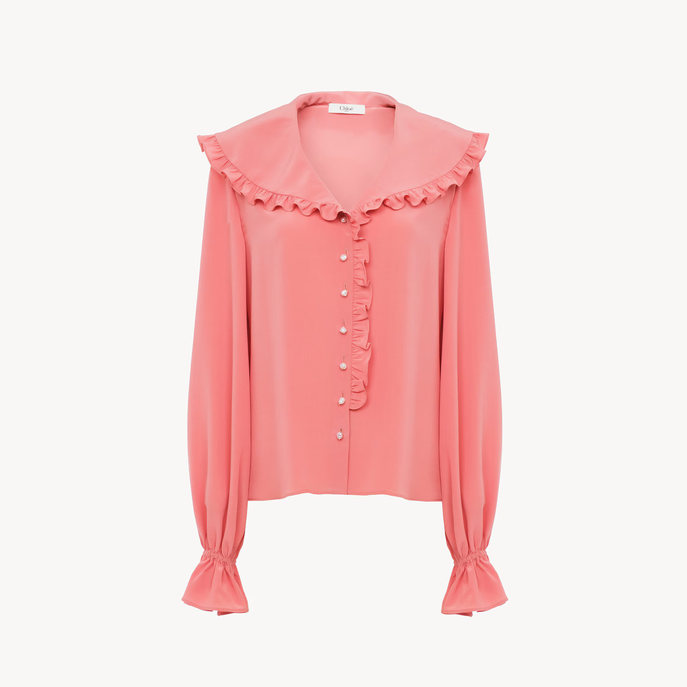 Chloé - Fluid ruffle blouse in crêpe de chine - Flaming Coral - 34 - Silk | Chloe US