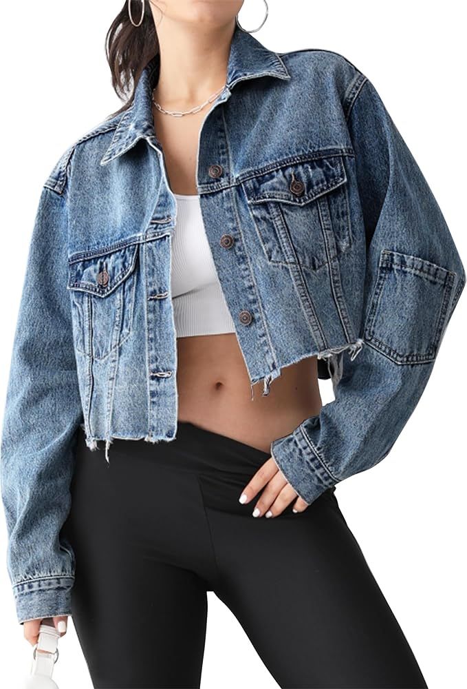 Women's Cropped Denim Jacket Button Down Long Sleeve Loose Oversized Jean Jacket Coats | Amazon (US)