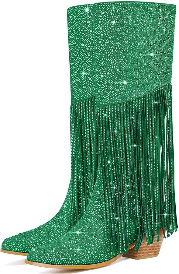 RKQ Women's Sparkly Fringe Rhinestone Cowboy Boots Western Glitter Pointed Toe Block Chunky Heel ... | Amazon (US)