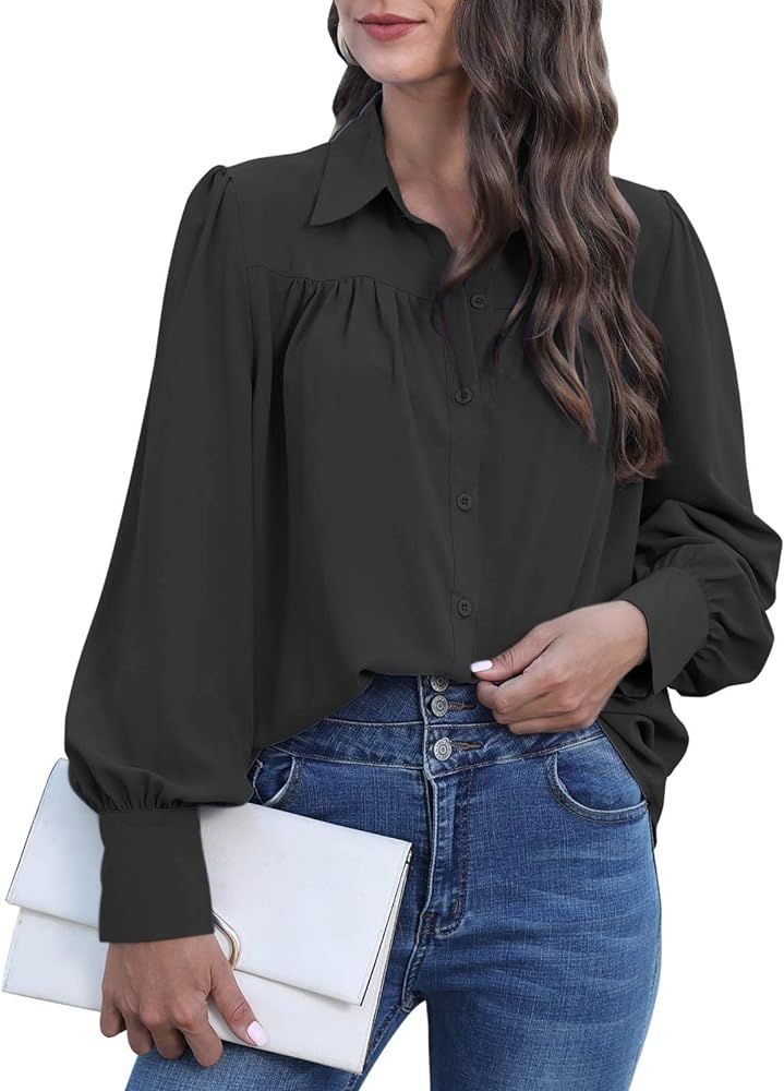 IFFEI Women Button Down Shirts Oversized Lantern Long Sleeve Blouses Solid Color Business Casual ... | Amazon (US)