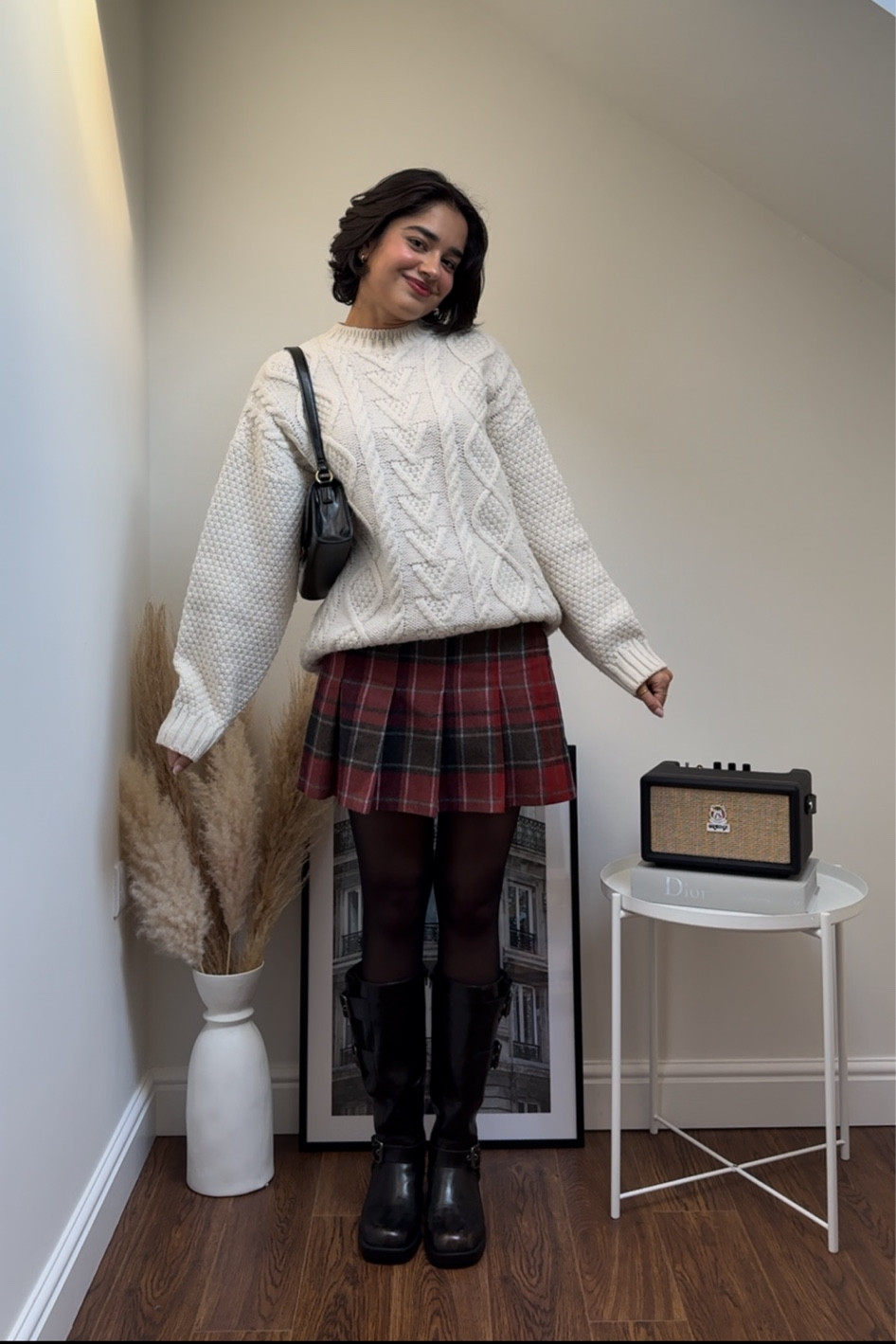 Cosy, autumn outfit, fall outfit, cream cable knit jumper, red plaid skirt, biker boots, preppy grunge, Rory Gilmore, Gilmore Girls, Taylor Swift 

#LTKautumn #LTKeurope #LTKuk