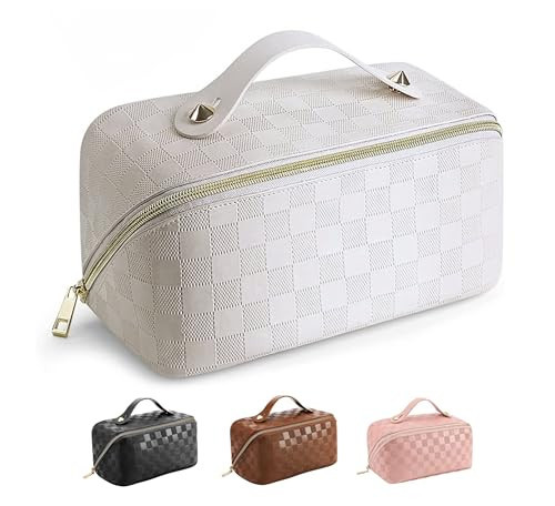 Travel Makeup Bag, Large Capacity Cosmetic Bags for Women, Waterproof Portable Pouch Open Flat Toiletry Bags for Traveling Women, Make Up Organizer with Divider and Handle, White Checkered Makeup Bag | Amazon (US)