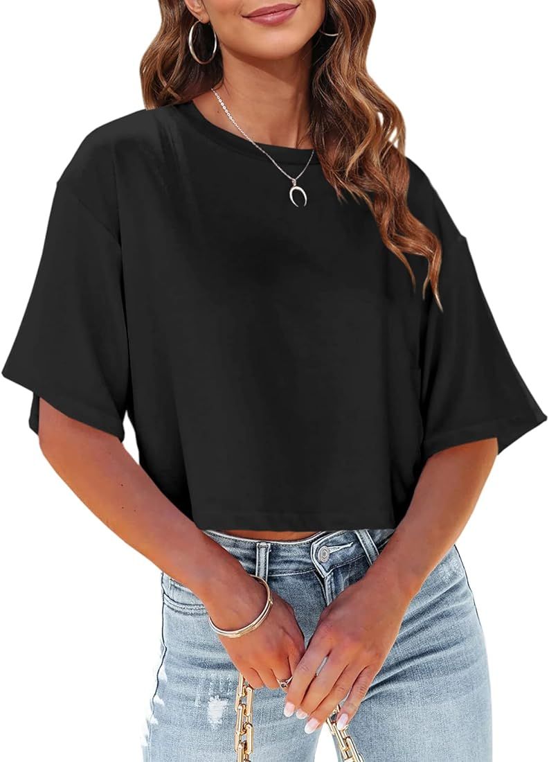 Tankaneo Women Half Sleeve Cropped T Shirt Drop Shoulder Round Neck Crop Tops Casual Summer Solid... | Amazon (US)
