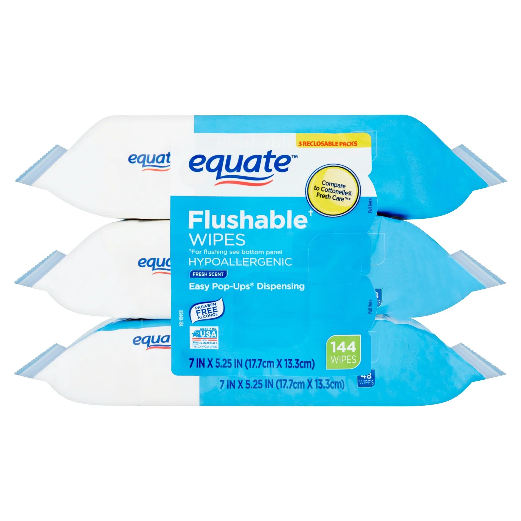 Equate Flushable Wipes, Fresh Scent, 3 Packs of 48 Wipes, 144 Wipes Total | Walmart (US)
