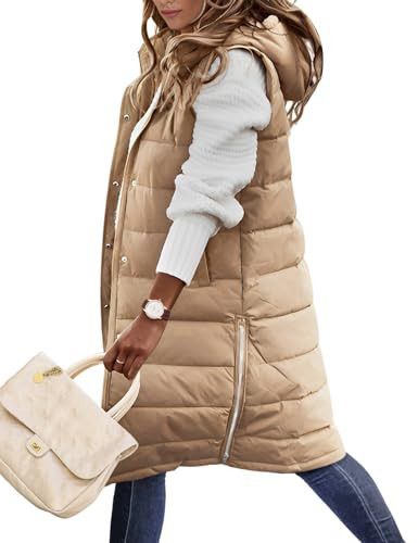 Jyanl Womens Puffer Vest Jackets Warm Winter Coats Long Quilted Vest Hooded Vest Casual Zip Up Jackets Sleeveless Outerwear Vest with Pockets | Amazon (US)