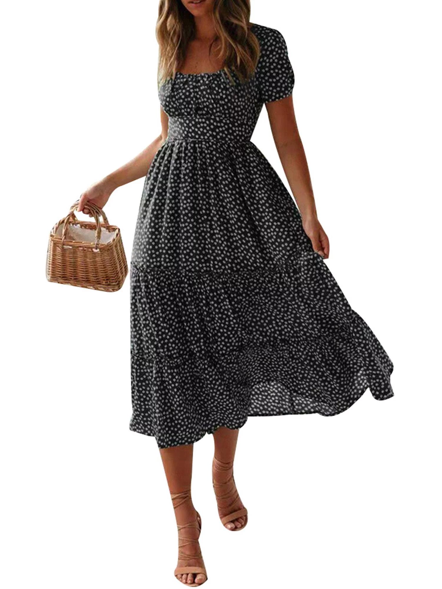 DYMADE Women Boho Floral Print Summer Short Sleeve Midi Dress | Walmart (US)