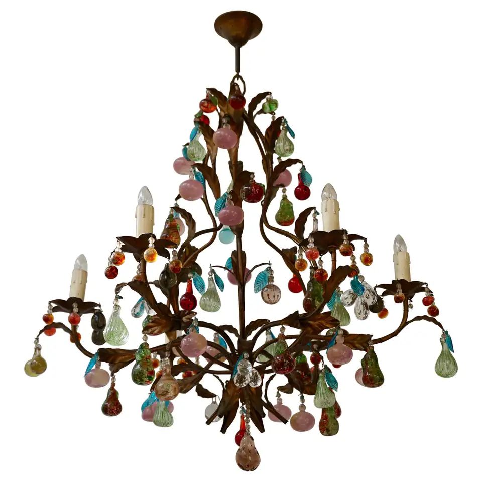 Charming Italian Murano Chandelier with Fruit Pendants in Colored Glass | 1stDibs