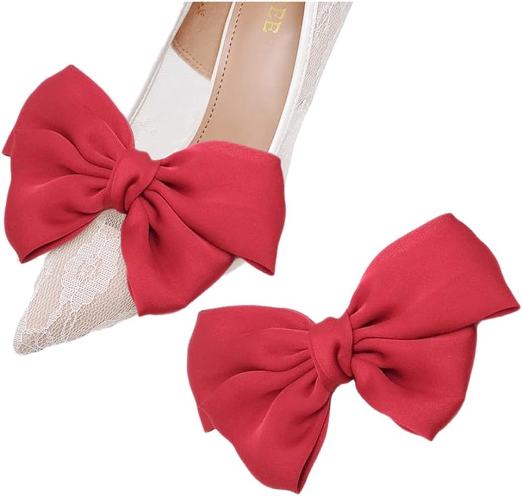 Tsangbaby Satin Bow Shoe Clips Dots Solid Color Shoe Clips Removable Shoe Clips Elegant Wedding Part | Amazon (US)