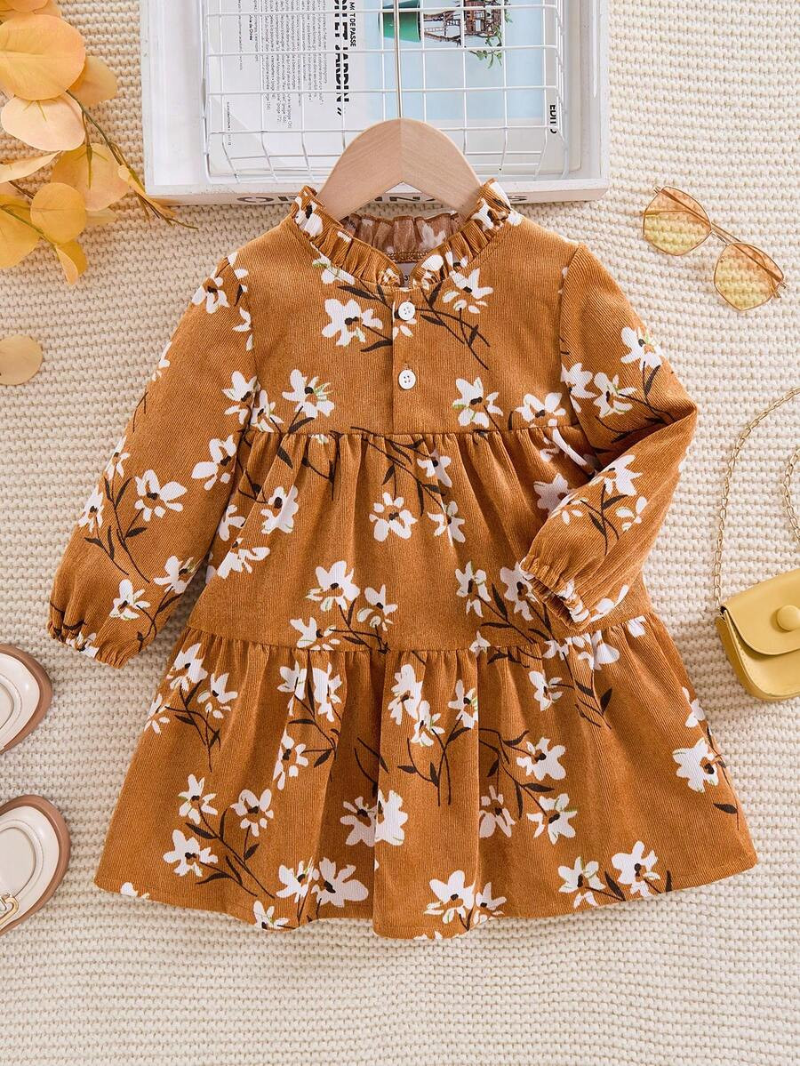 Young Girl Fashion Brown Corduroy Ditsy Floral Dress, Autumn/Winter | SHEIN