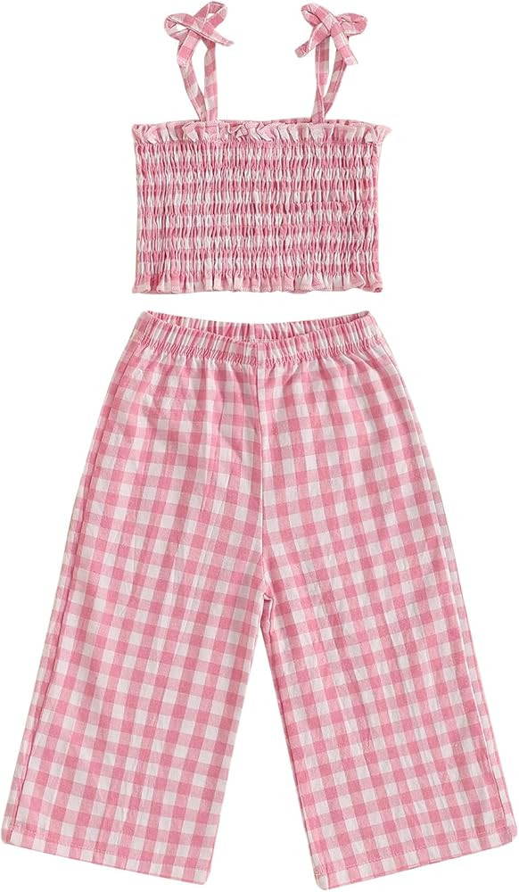 Little Girl Summer 2 Piece Outfits Plaid Print Sleeveless Cami Top Elastic Waist Pants Set Toddle... | Amazon (US)