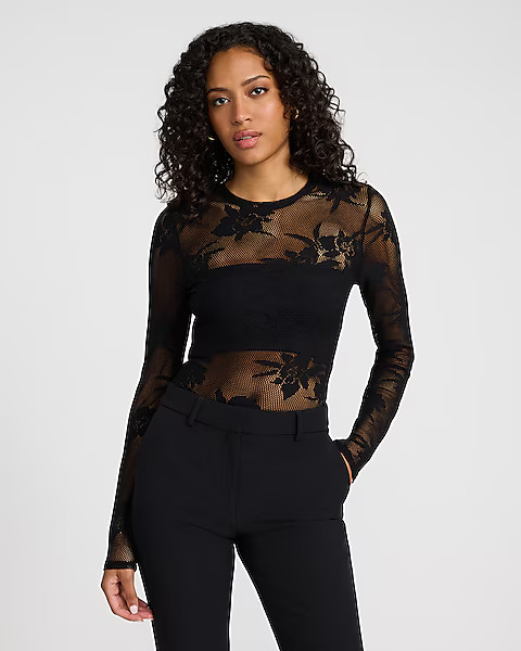 Floral Lace Fitted Mesh Crew Neck Long Sleeve Tee | Express